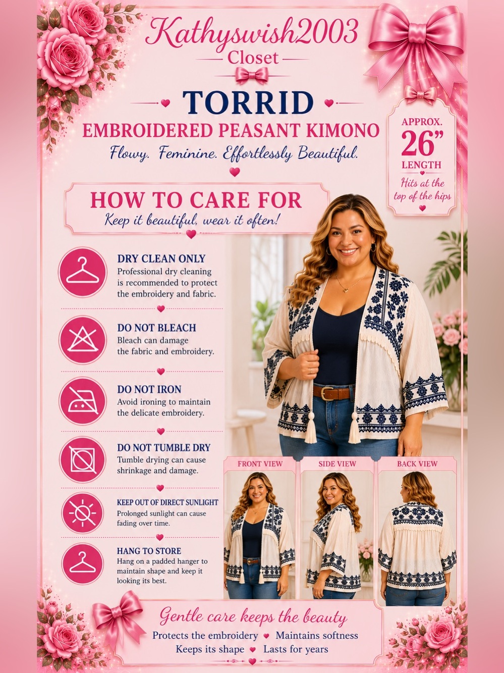 torrid White Peasant Kimono with Navy Embroidery - Picture 6 of 16
